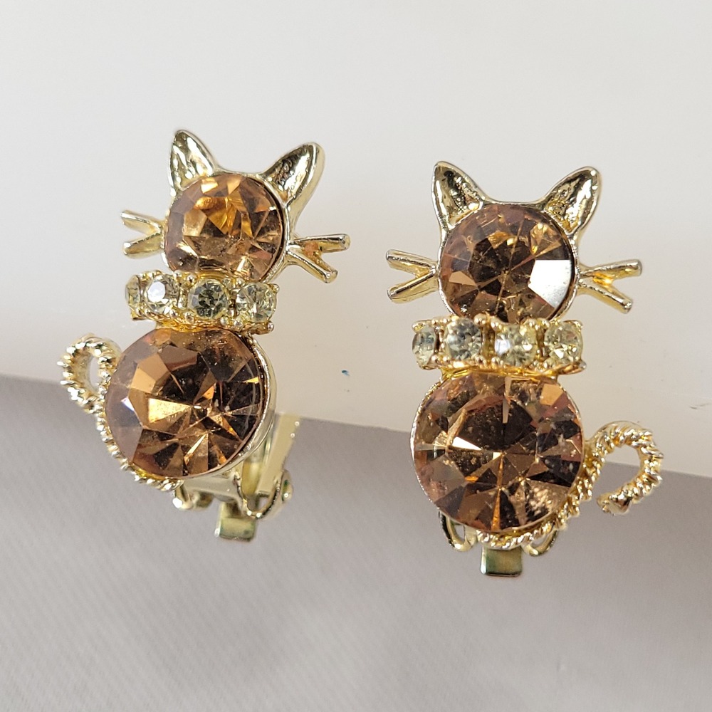 Dodds Vintage Gold Tone Cat Earrings MCM Rhinestone Clip On Smokey Citrene Color